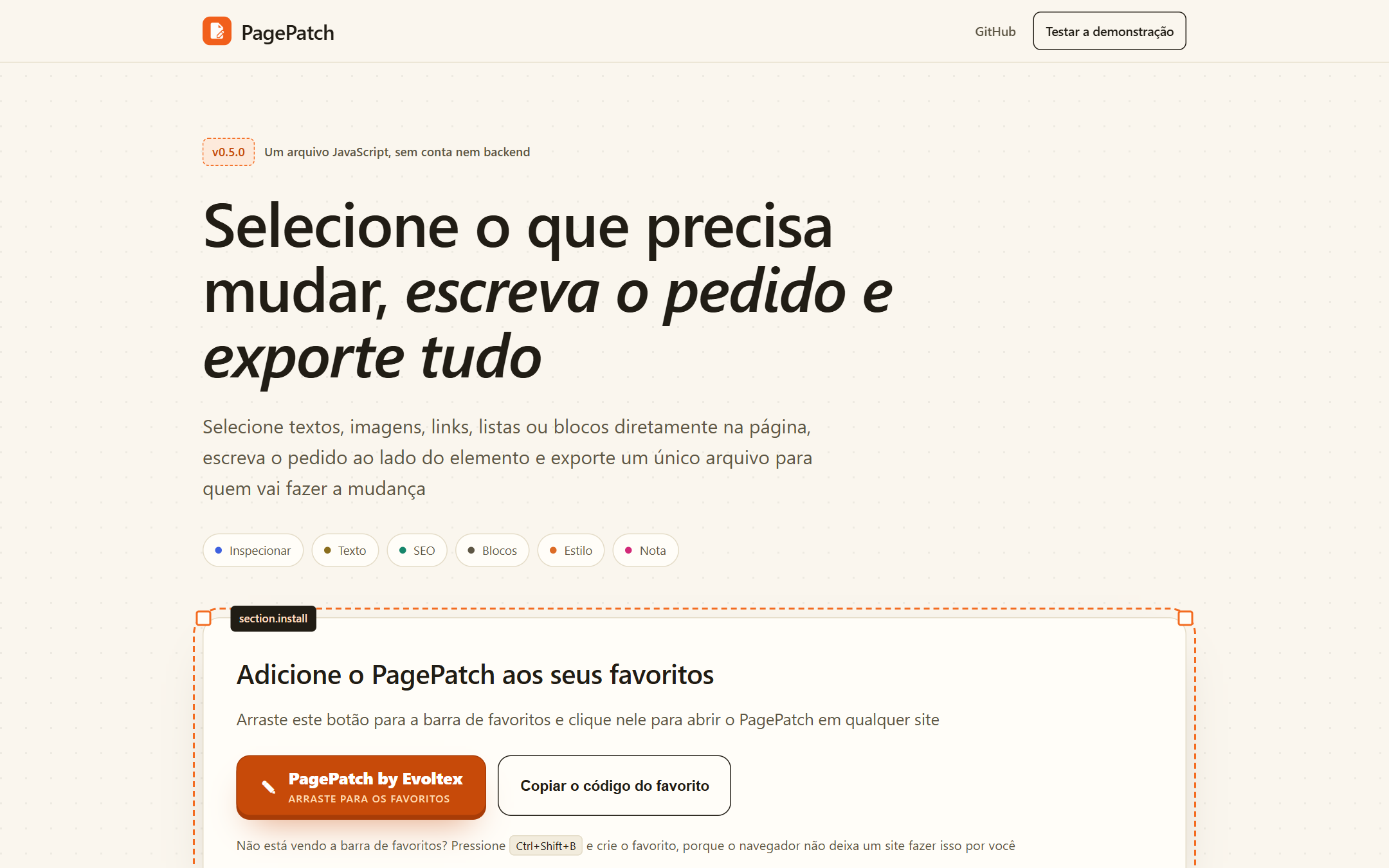 Interface do PagePatch com o passo a passo Selecione, Descreva, Exporte