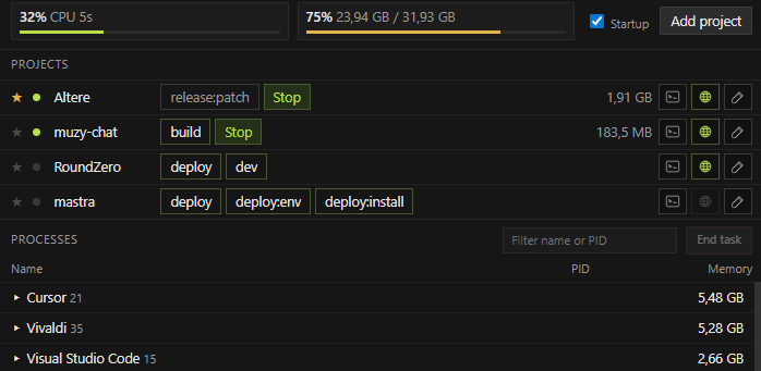 Dashboard do Vibe Manager mostrando projetos e consumo de CPU
